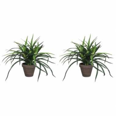2x groene dracaena kunstplanten in bruine pot 34 cm