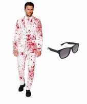 Halloween heren kostuum met bloed print maat 50 l met gratis zonnebri
